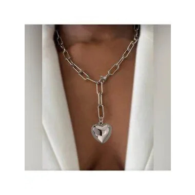 Silver Heart Pendant Paperclip Chain Necklace Statement Heart Necklace